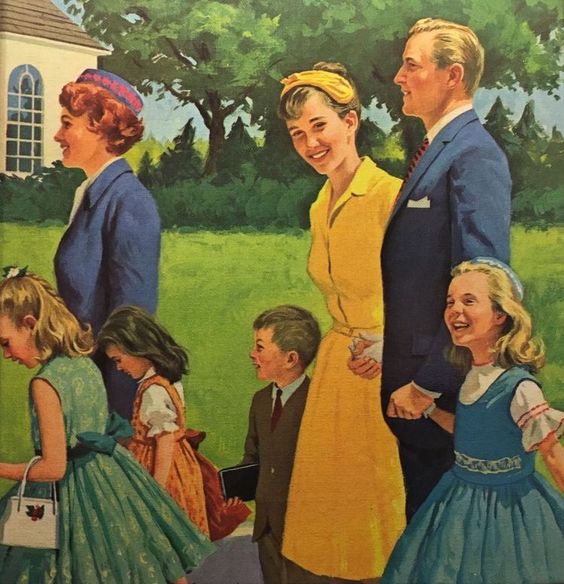 A white family dressed in midcentury modern dress walk to church on a sunny day.